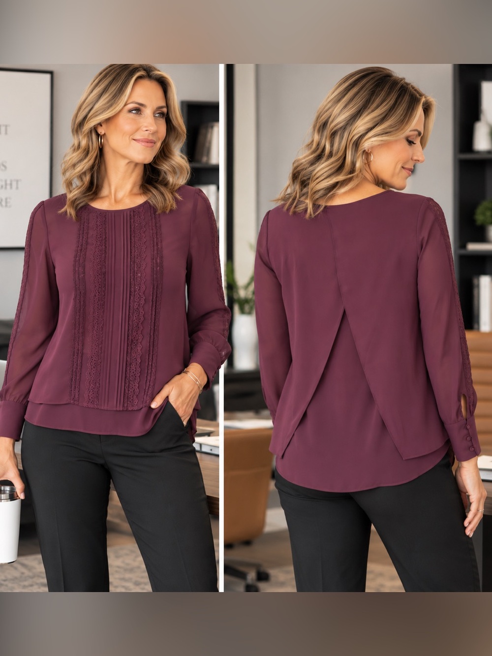 White House Black Market Plum Lace Pleated Blouse Size 0